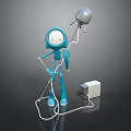 Blue Humanoid Sculpture Holding Silver Helmet Like Object With White Cables Connected To Square Device