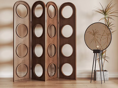 Wooden Room Divider With Circular Cutouts And Folding Panels On Wooden Floor 3d model