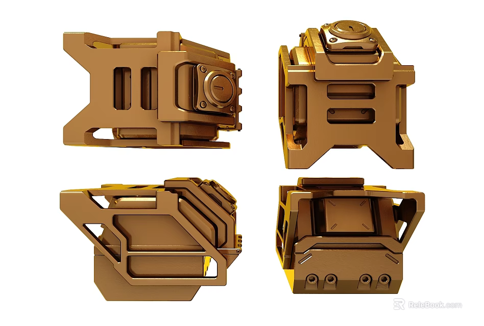 Brown Mechanical Components Shown In Four Different Angles With Industrial Design Details 3d model