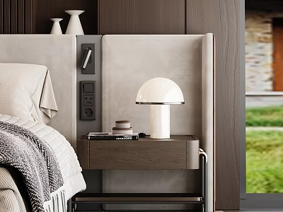 Modern Bedroom Interior With Wooden Side Cabinet White Lamp Books And Green Grass View 3d model