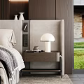 Modern Bedroom Interior With Wooden Side Cabinet White Lamp Books And Green Grass View