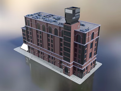 Multi Story Hotel Building With Red Brick Structure Arched Windows And Black Rooftop 3d model