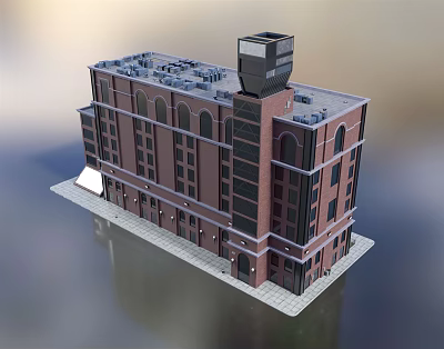 Multi Story Hotel Building With Red Brick Structure Arched Windows And Black Rooftop 3d model