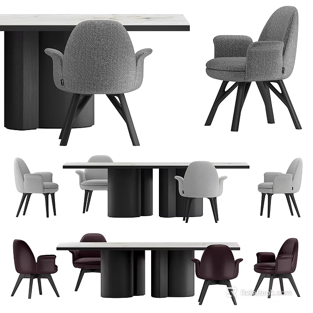 Dining Table Set With Gray White And Burgundy Upholstered Chairs Black Base Design 3d model 