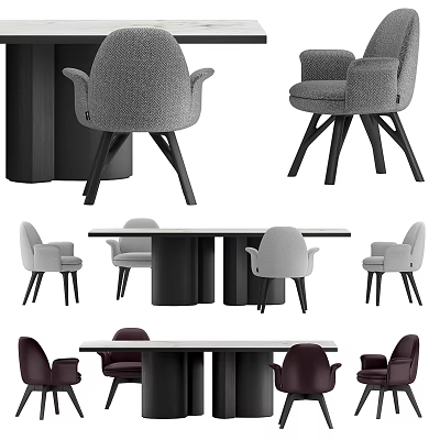 Dining Table Set With Gray White And Burgundy Upholstered Chairs Black Base Design 3d model