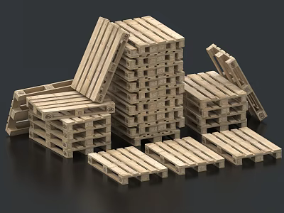 Natural Stone Wood Pallets Stacked in Various Arrangements on Dark Background 3d model