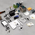 Organized Office Supplies Setup With Notebooks Documents Calculator Pens Folders Printer And Clock 3d model