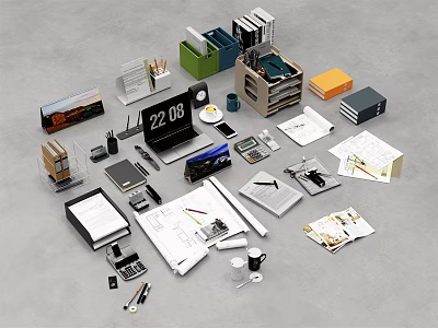 Organized Office Supplies Setup With Notebooks Documents Calculator Pens Folders Printer And Clock 3d model