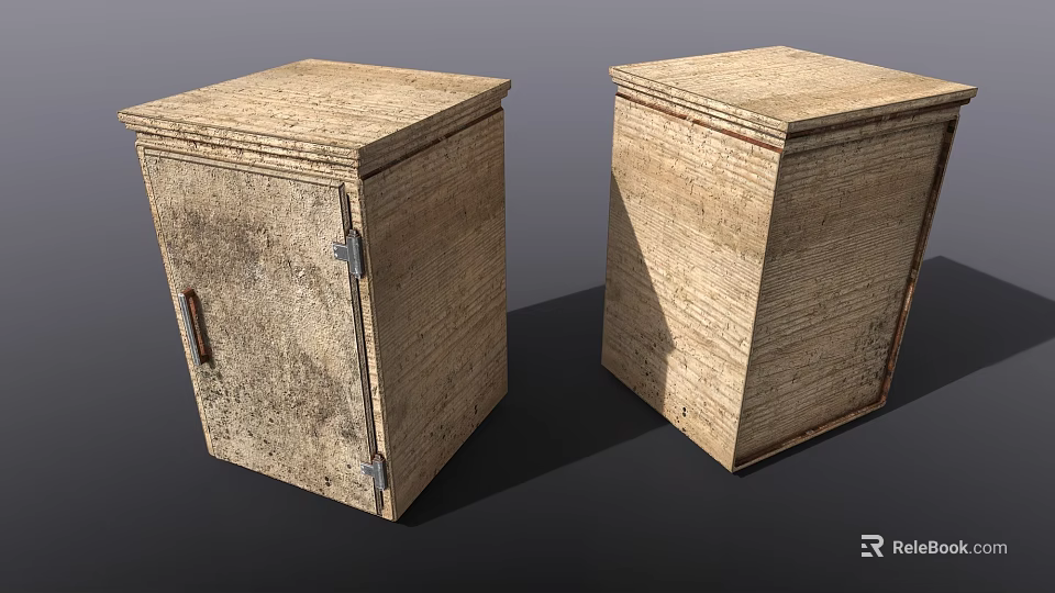 Vintage Wooden Display Shelves with Worn Textured Surface and Metal Hinges 3d model 