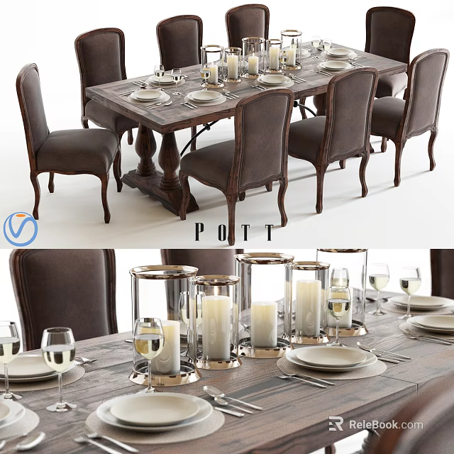 Classic Wooden Dining Table Set With Leather Chairs Candles And Dinnerware 3d model 