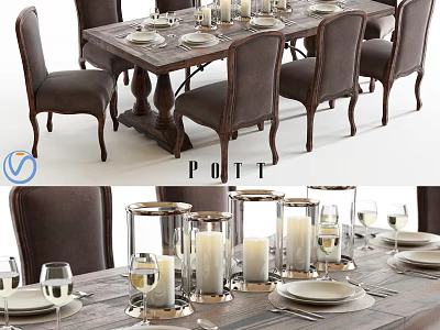 Classic Wooden Dining Table Set With Leather Chairs Candles And Dinnerware 3d model