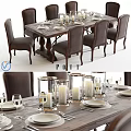 Classic Wooden Dining Table Set With Leather Chairs Candles And Dinnerware