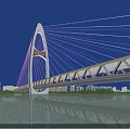 Modern Cable Stayed Bridge With Arch Structure Truss Deck And City Skyline Water Reflection