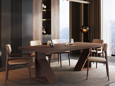 Modern Restaurant Interior With Wooden Dining Table Chairs Pendant Light And Window View 3d model