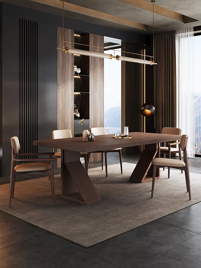 Modern Restaurant Interior With Wooden Dining Table Chairs Pendant Light And Window View 3d model