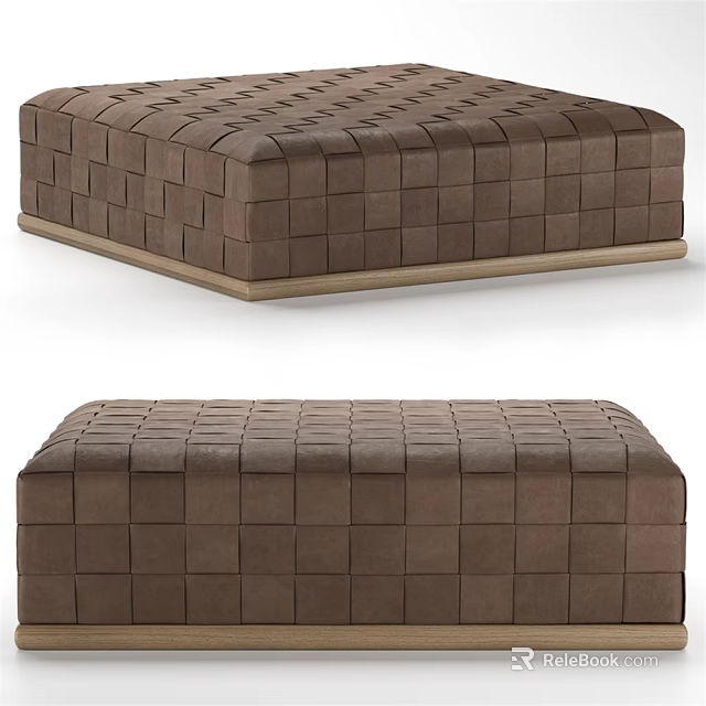 Brown Ottoman With Square Stitched Patchwork Design And Wooden Base Modern Style 3d model 