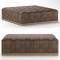 Brown Ottoman With Square Stitched Patchwork Design And Wooden Base Modern Style