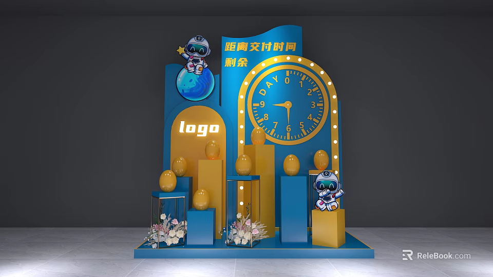 Brand Support Program Booth Featuring Astronaut Figures Clock Logo Blue And Yellow Decorations 3d model 