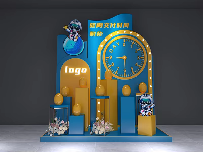 Brand Support Program Booth Featuring Astronaut Figures Clock Logo Blue And Yellow Decorations 3d model