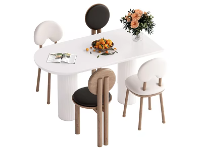 White Oval Dining Table Set With Four Chairs Fruit Bowl Magazine And Flower Vase 3d model
