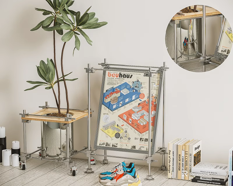 Modern Indoor Bonsai Plant On Metal Frame With Wooden Tray And Books Poster Nearby 3d model 