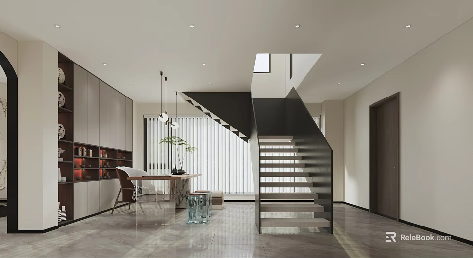 Modern Tea Room Interior With Staircase Dining Table And Cabinets 3d model