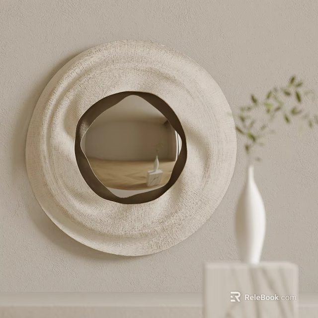 Textured Circular Wall Decor On Neutral Wall With Vase And Plant 3d model 