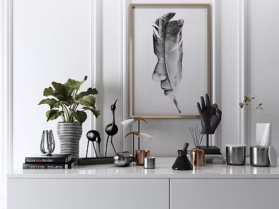 Decorative Ornament Set With Feather Art Green Plant Black Hand Sculpture On White Console Table 3d model