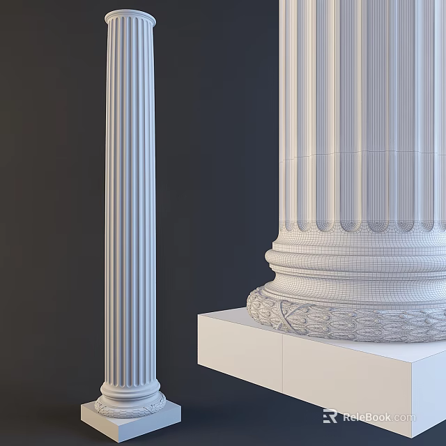 Detailed Gypsum Molding On Fluted Columns With Dark Wall And White Platform 3d model 
