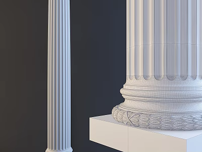 Detailed Gypsum Molding On Fluted Columns With Dark Wall And White Platform 3d model