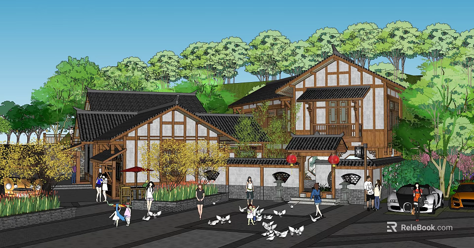 Traditional Chinese Architectural Scene With Black Tiled Roofs Wooden Frames Green Trees And People 3d model 