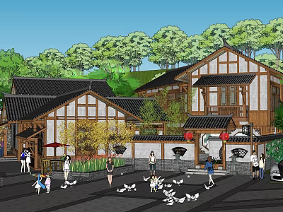 Traditional Chinese Architectural Scene With Black Tiled Roofs Wooden Frames Green Trees And People 3d model