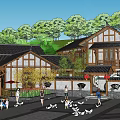 Traditional Chinese Architectural Scene With Black Tiled Roofs Wooden Frames Green Trees And People