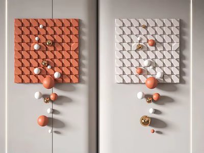Modern Wall Decor With Orange And Light Pink Grid Design Spherical Balls Hanging Accents 3d model
