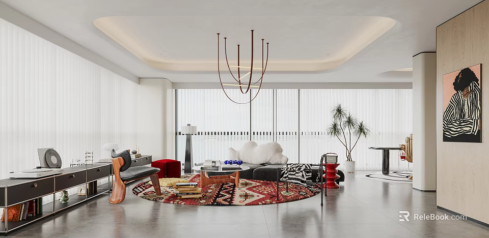 Modern Living Room Interior With Chandelier Sofa Patterned Rug Coffee Table And Potted Plant 3d model 