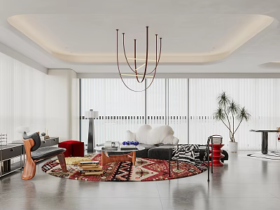 Modern Living Room Interior With Chandelier Sofa Patterned Rug Coffee Table And Potted Plant 3d model