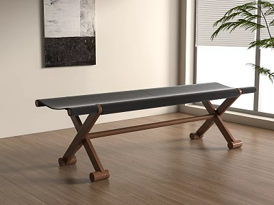 Stylish Black Leather Bench With Wooden Cross Legs In Indoor Room With Window And Plant 3d model