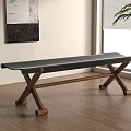 Stylish Black Leather Bench With Wooden Cross Legs In Indoor Room With Window And Plant