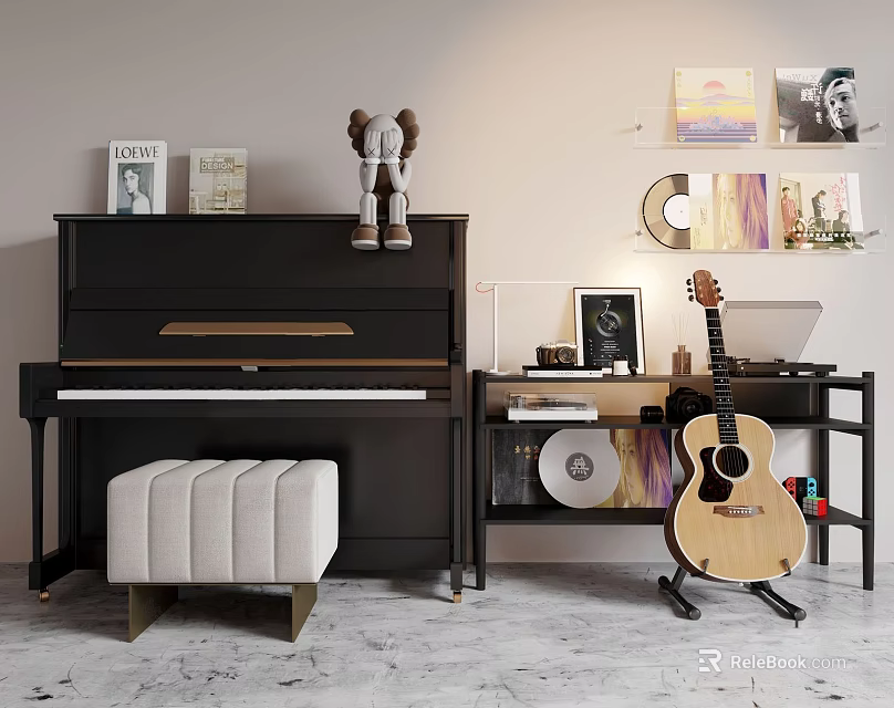Creative Room Setup With Piano Guitar And Wall Paintings For Music And Art Enthusiasts 3d model 