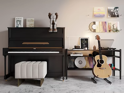 Creative Room Setup With Piano Guitar And Wall Paintings For Music And Art Enthusiasts 3d model