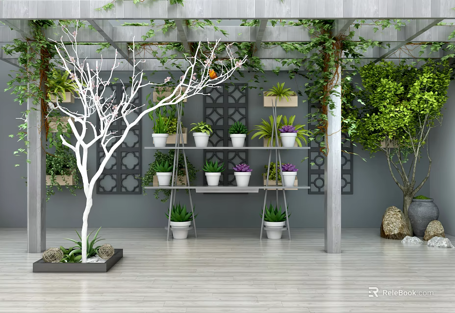 Garden Decor With White Flowering Tree Potted Plants On Shelves And Green Vines 3d model 