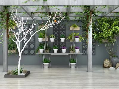 Garden Decor With White Flowering Tree Potted Plants On Shelves And Green Vines 3d model