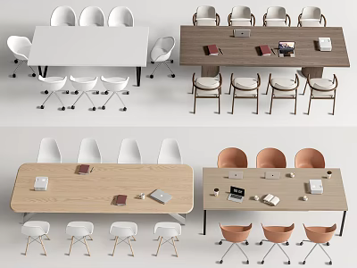 Modern Conference Tables With Wooden White Tops Office Chairs And Stationery Items 3d model