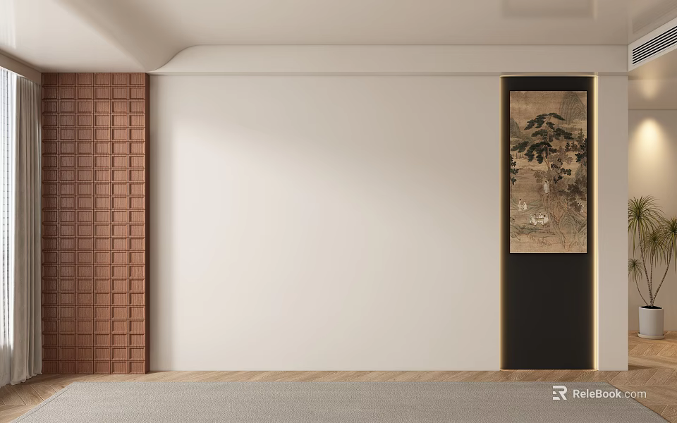 Modern Chinese Style Sofa Background Wall With Brown Brick Texture White Panel And Landscape Painting 3d model 