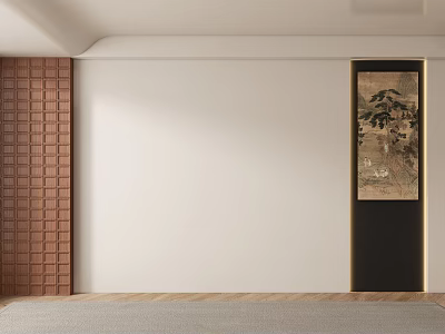 Modern Chinese Style Sofa Background Wall With Brown Brick Texture White Panel And Landscape Painting 3d model