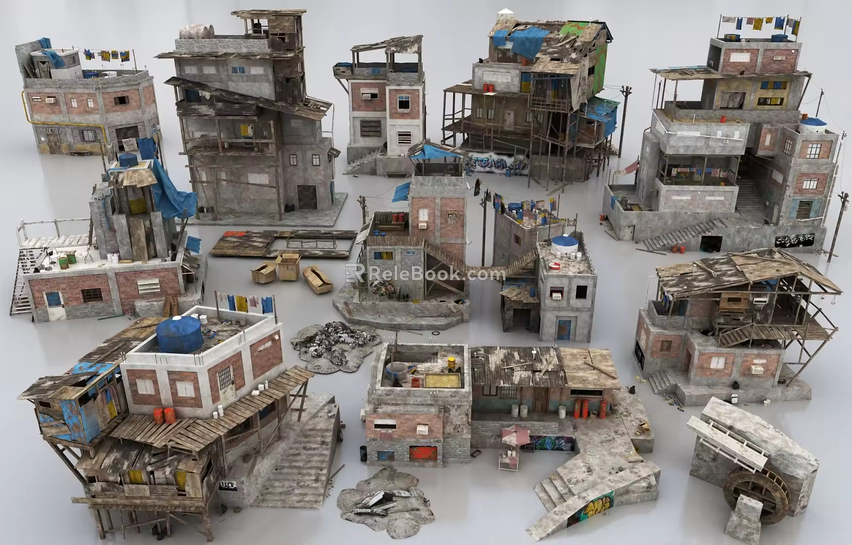 Modern Ruins Game Scene Building Ruins Stone Site Ruins Oil Tank Slab Bridge Paint Bucket Earth Mound 3d model