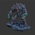 Blue Rock Creature Character Standing With Red Eyes On Rock Base