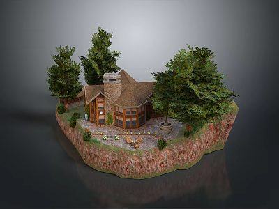 Rustic Wooden Cabin on Rocky Island Surrounded by Green Trees and Stone Path 3d model