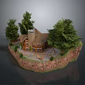 Rustic Wooden Cabin on Rocky Island Surrounded by Green Trees and Stone Path