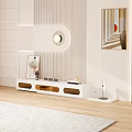 Modern White TV Stand With Wooden Shelves And Decorative Items On Light Striped Wall